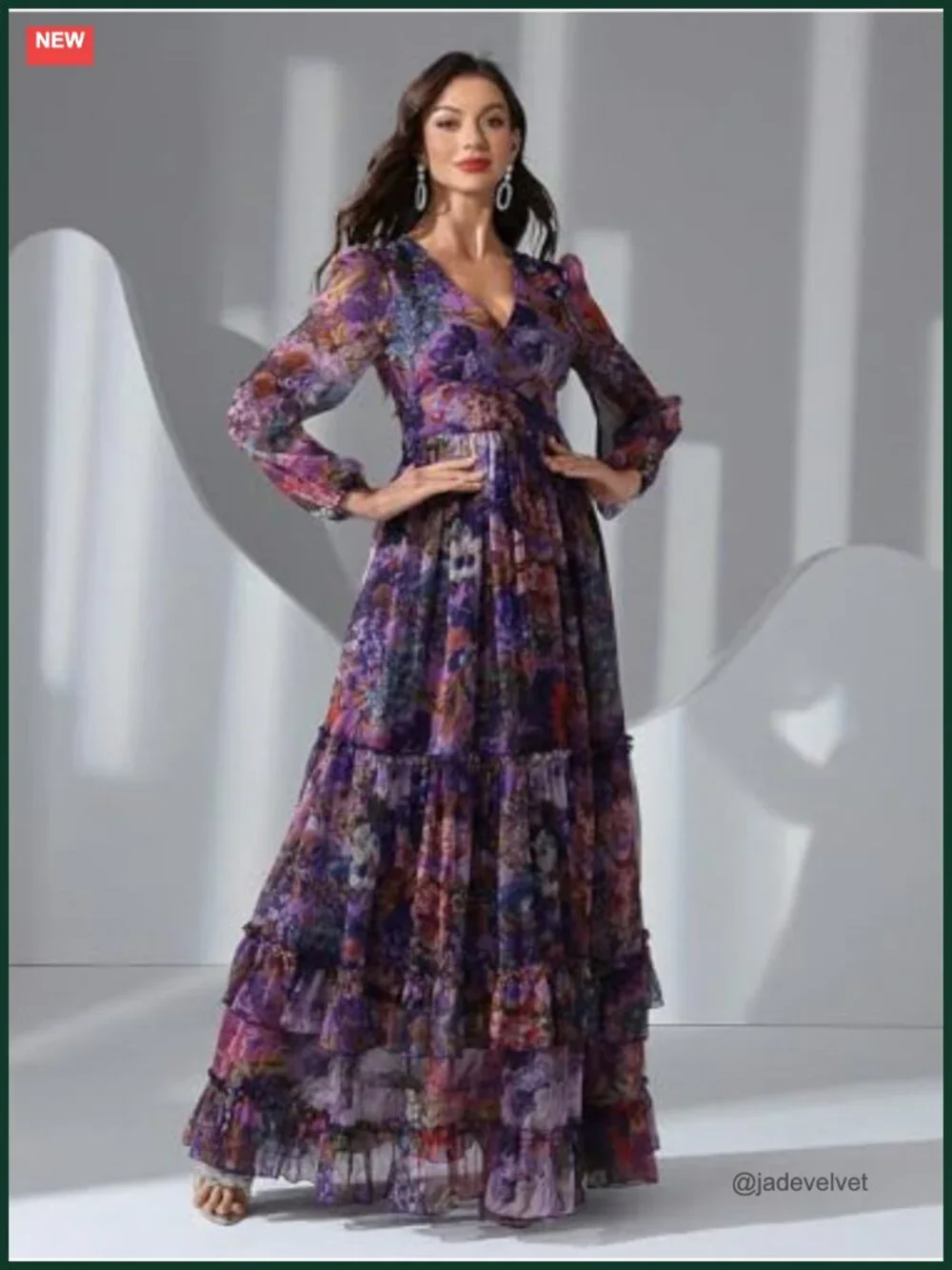 Boho Floral Maxi Dress V-Neck Long Sleeve Ruffle Tiered A-Line